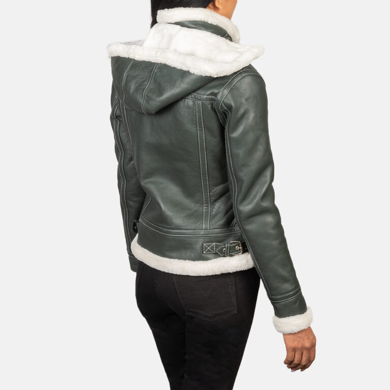 Womens Fiona Green Hooded Shearling Leather Jacket Tilted Back-8-1652195498720